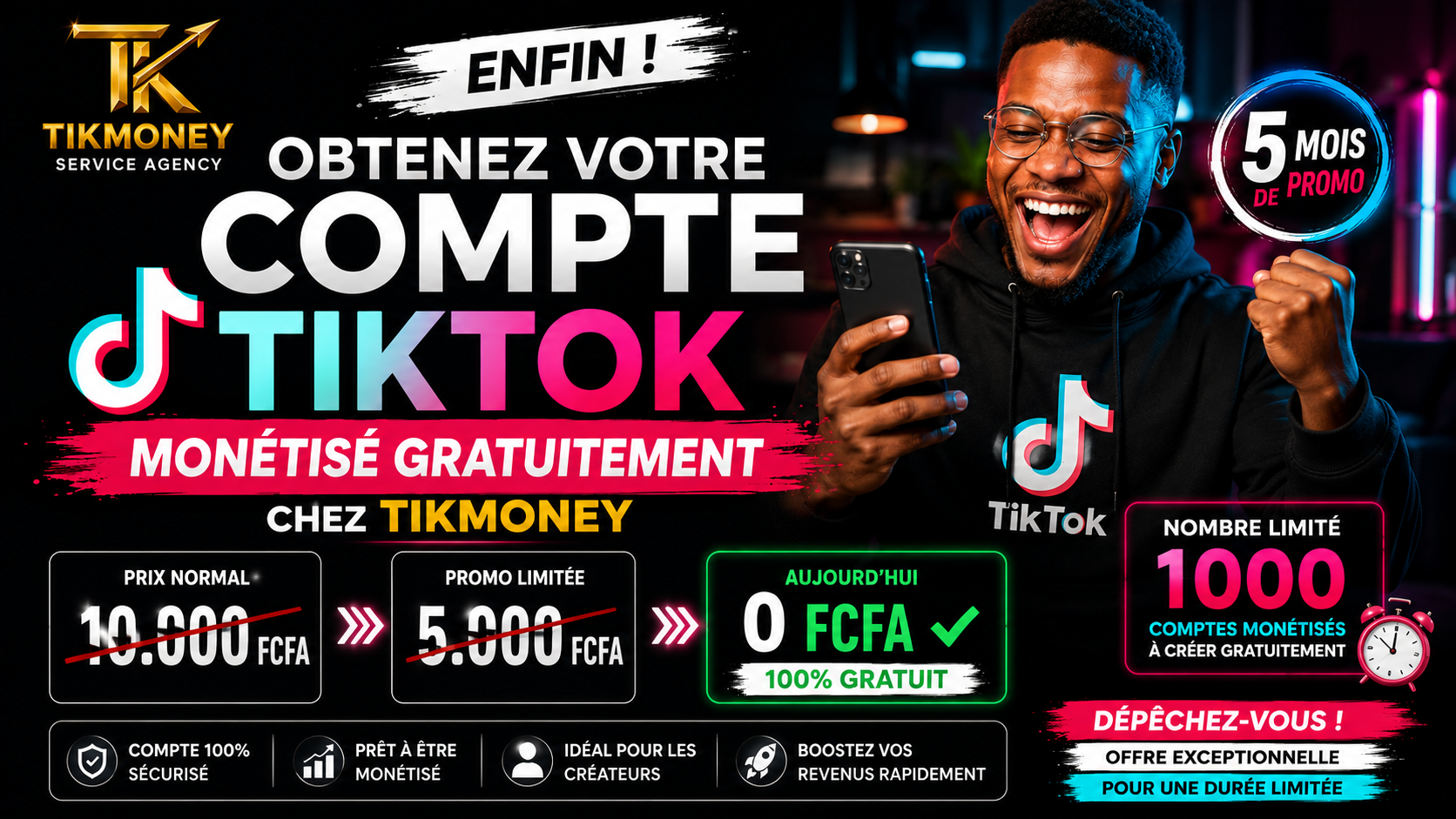 🎉 PROMO EXCEPTIONNELLE TIKMONEY 🎉  OBTENEZ VOTRE COMPTE TIKTOK MONÉTISÉ GRATUITEMENT !